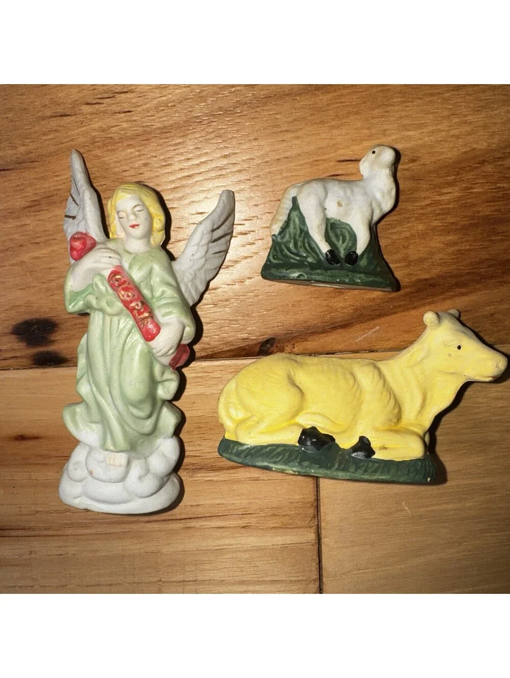 Vintage Nativity Set Italy Manger Scene Wood Stable 10 Pc Moss Ceramic Figurines